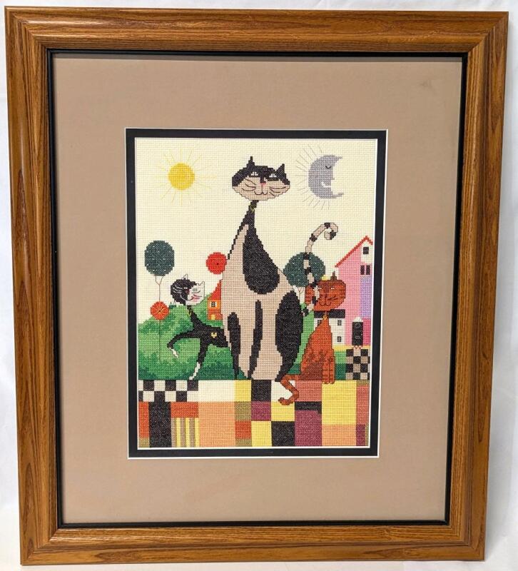 Fantastic Framed COOL CATS Cross Stitch Art, 18.4" &times; 31.25" Tall