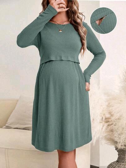 New Size SM Women's Super Soft Maternity Ribbed Knit Long-Sleeve Dress
