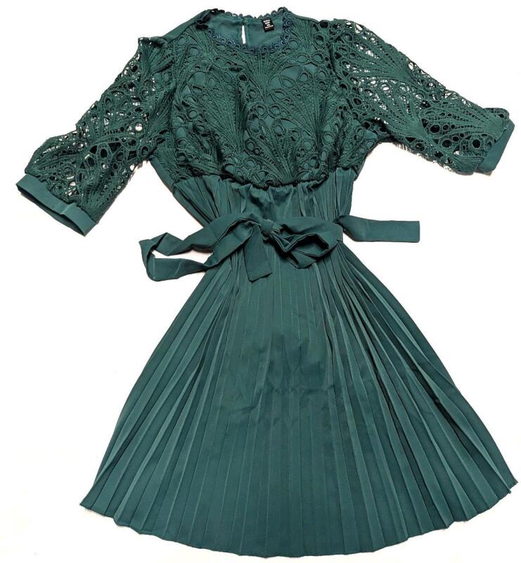 New Size 1XL Women's Long Sleeve Lace Bodice Pleat Skirt Midi Dress