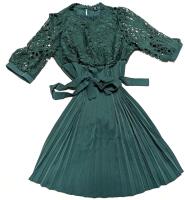 New Size 1XL Women's Long Sleeve Lace Bodice Pleat Skirt Midi Dress