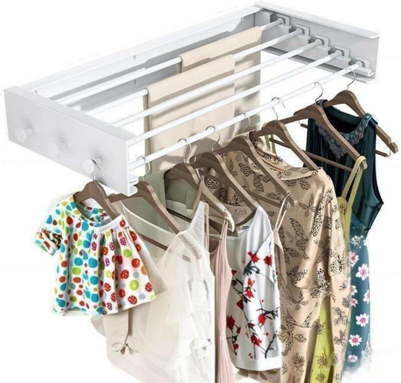 New Paihocou Collapsible Clothing Storage Organizer Drying Rack Wall Mounted for Laundry- 5 Aluminum Rods with 6 Hook Foldable Closet Shelves, Space Saving Storage for Indoor Outdoor(White,31.5'')