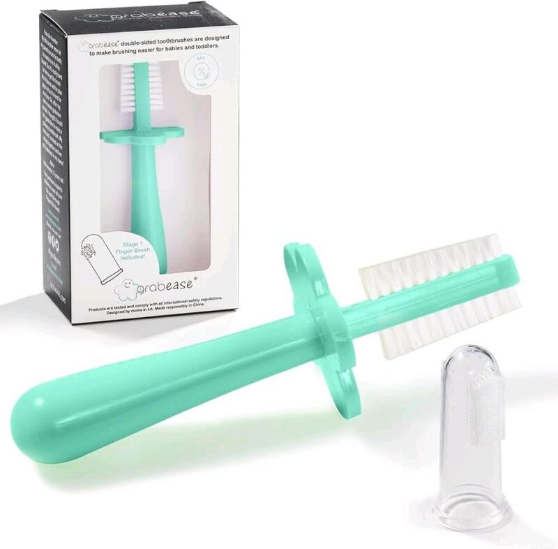 New GRABEASE Double Sided Toothbrush &ndash; Baby Toothbrush for 6 Months to 4 Years Old with Soft Bristles &ndash; BPA-Free Toddler Toothbrush with Anti-Choke Guard &ndash; Includes FREE Finger Brush, Mint