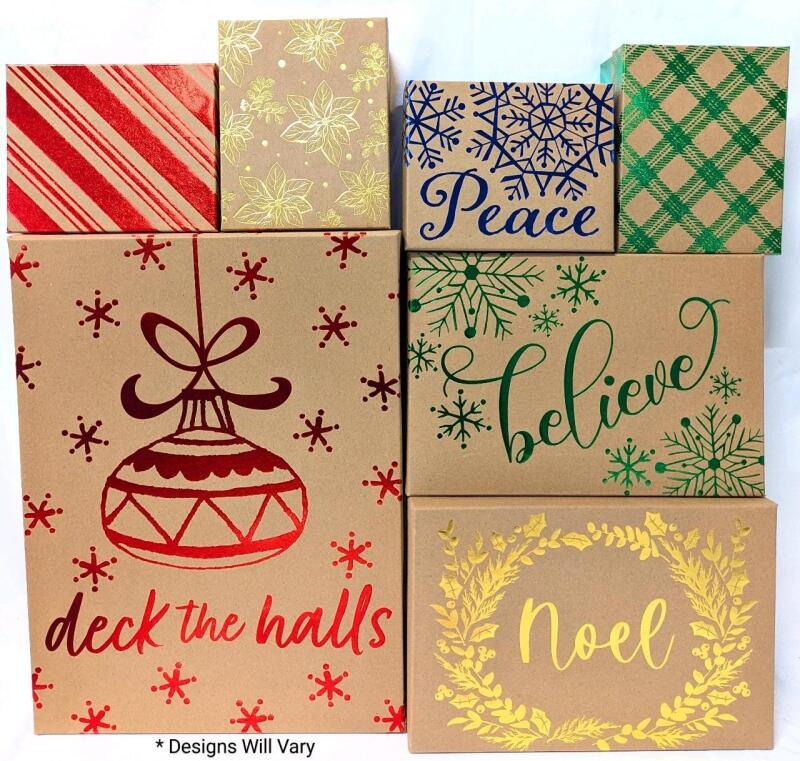7 New Christmas Craft Hot Stamp Metallic Nesting Gift Boxes [Designs WILL Vary] 5.5" &times; 4.25" &times; 2.25" Tall - 13.25" &times; 10" &times; 3" Tall