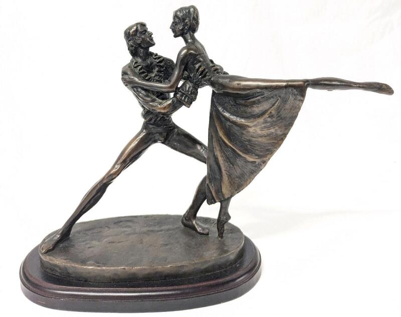 Signed Vintage 1986 BERNARD KIM (Korean-American B.1941) Bronze Dancing Couple On Wood Base, 10.25" Tall, Some Scuffs/Wear To Base