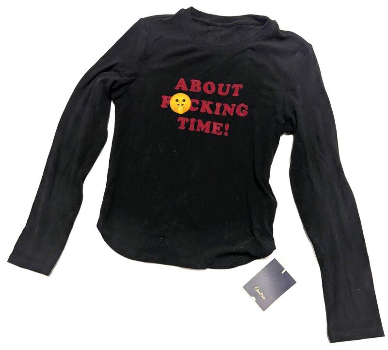 New Size LG (40) Women's ChaxRmto Ribbed Velvet Decal "About F'In Time" Long-Sleeve Fitted Top With Stretch
