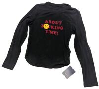 New Size LG (40) Women's ChaxRmto Ribbed Velvet Decal "About F'In Time" Long-Sleeve Fitted Top With Stretch