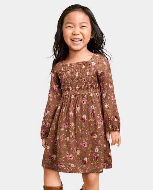 New Size 18-24 Months Girl's THE CHILDREN'S PLACE Floral Ruffle Dress, Color: Pecan Pie