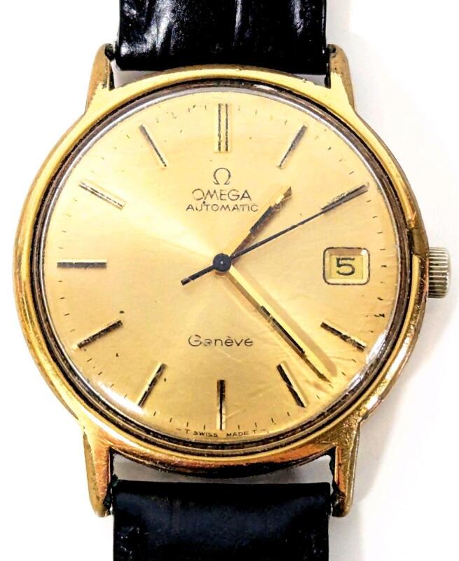 Vintage OMEGA Gen&egrave;ve [Geneva] Automatic Men's Watch, Gold Case Size 35mm, 18L Croco Grain Band, Engraved E. Reinas 1956-1976 Faithful Service, Non-Functional And Needs Servicing