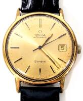 Vintage OMEGA Gen&egrave;ve [Geneva] Automatic Men's Watch, Gold Case Size 35mm, 18L Croco Grain Band, Engraved E. Reinas 1956-1976 Faithful Service, Non-Functional And Needs Servicing