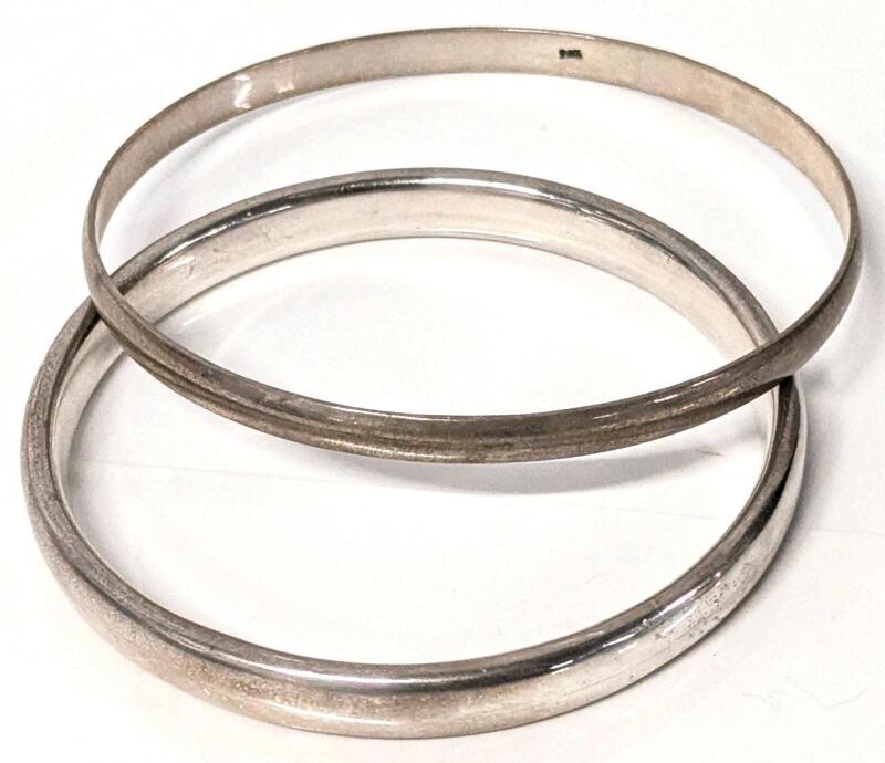 2 Heavy Vintage Bangles, 1 Sterling Silver Stamped 925, 2nd Presumed Sterling, Takes Polish Well, 2.4" - 2.7" Inner Diameters