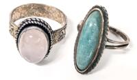 2 Vintage Size 7.5 & 10 Presumed Rose Quartz & Amazonite/Larimar (?) Unstamped Sterling Silver Rings