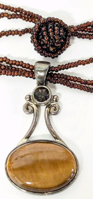 Vintage Sterling Silver Stamped 925 Nepal PTI Tiger's Eye Pendant 2" Long With Multi-Strand Seed Bead Knot-Clasp Chain 19"