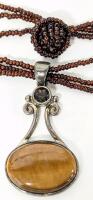 Vintage Sterling Silver Stamped 925 Nepal PTI Tiger's Eye Pendant 2" Long With Multi-Strand Seed Bead Knot-Clasp Chain 19"