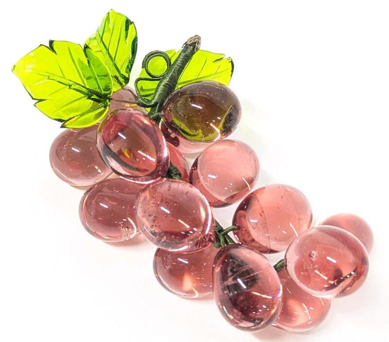 Vintage Blown Glass Grape Cluster With 3 Leaves, 7.5" Long, No Chips or Cracks