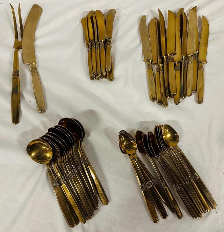 48 Pieces of Vintage Cutlery, Includes 12 Soup Spoons, 12 Sherbet Spoons, 12 Streak Knives, 10 Butter Knives, and Carving Set