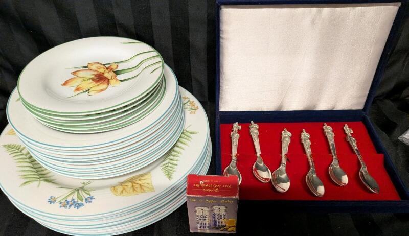 Home Dishware Lot. 6 Dinner Plates, 7 medium plates. 5 Small Plates. 6 Spoons and 1 Salt and power shaker