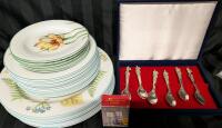 Home Dishware Lot. 6 Dinner Plates, 7 medium plates. 5 Small Plates. 6 Spoons and 1 Salt and power shaker