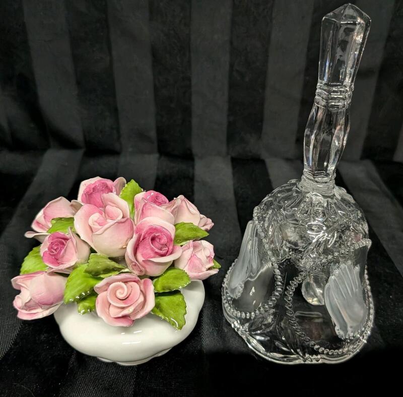 Vintage Crystal Bell and Royal Albert Roses Planter. Bell stands 5.25" Tall.