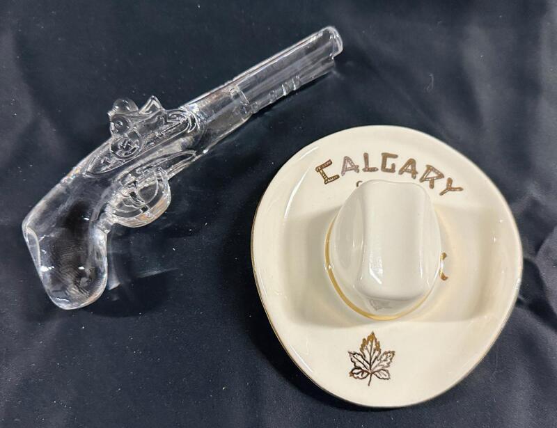 2 Vintage Cowboy Figurines/Collectables, Includes Ceramic Calgary Cowboy Hat (5&rdquo; x 6&rdquo; x 1.5&rdquo;) and Crystal Flintlock Pistol Paperweight (8&rdquo; Long)