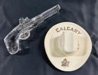 2 Vintage Cowboy Figurines/Collectables, Includes Ceramic Calgary Cowboy Hat (5&rdquo; x 6&rdquo; x 1.5&rdquo;) and Crystal Flintlock Pistol Paperweight (8&rdquo; Long)