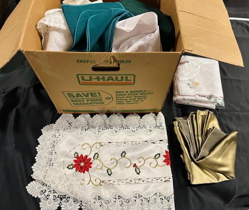 20+ Assorted Tablecloths and Runners, Various Styles and Sizes - Very Good Condition