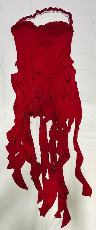 New Women&rsquo;s Size L Red Strapless Corset Fringe Dress with Shredded Asymmetrical Hem