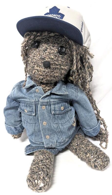 Unique Vintage Handmade Stuffed Teddy Bear Bedecked In Braids / Locs, Wearing Reebok Toronto Maple Leafs Baseball Cap & Size 6Mths Child's Cherokee Baby Jean Jacket & Jorts