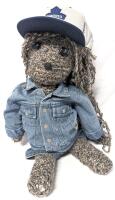 Unique Vintage Handmade Stuffed Teddy Bear Bedecked In Braids / Locs, Wearing Reebok Toronto Maple Leafs Baseball Cap & Size 6Mths Child's Cherokee Baby Jean Jacket & Jorts