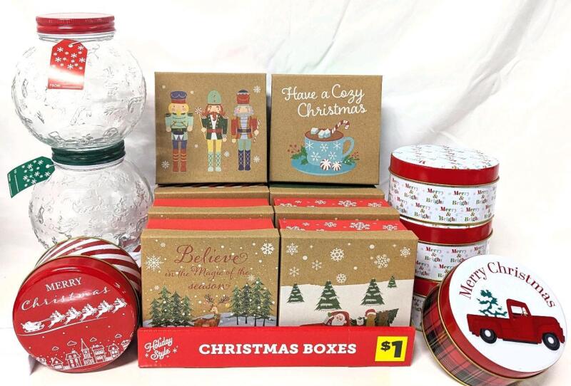 New Christmas Containers: 8&times; Mini Gift Boxes (4.5" &times; 4.5" &times; 2"), 6&times; Mini Tins (4"D &times; 2.3" Tall) & 2&times; Glass Candy Jars 827ml Each