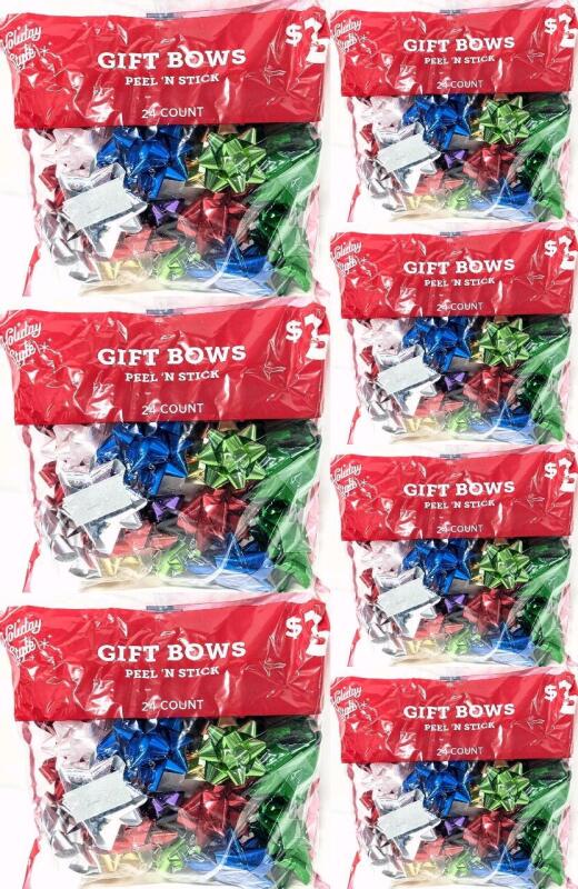 7 New Bags of 24 Assorted Metallic Peel 'N Stick Gift Bows (Colours Vary, Most Around 2.5" Across)