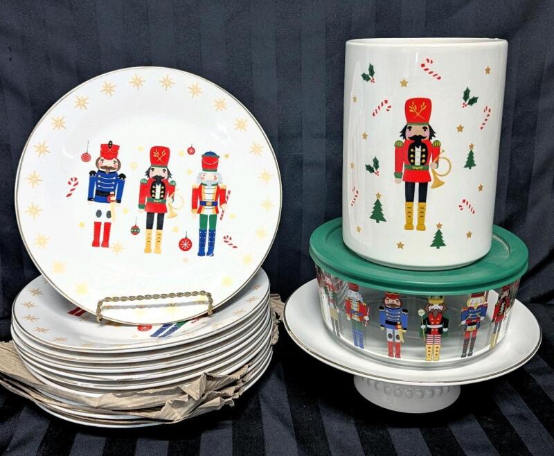 New Porcelain & Glass Nutcracker Kitchen Additions: 10&times; 9" Dinner Plates, 3" Cake Stand, 1.65L Glass Food Container With Lid & 7" Utensil Holder