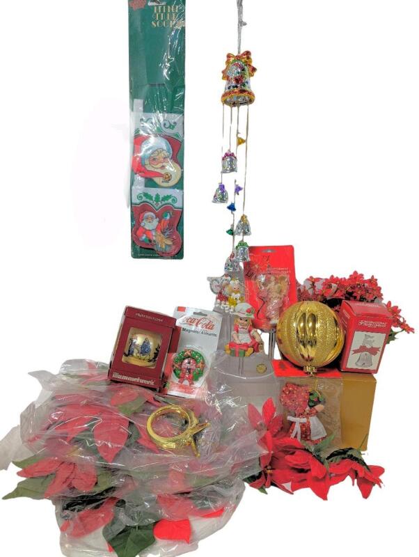 Vintage Christmas: 16" Long Porcelain Bell Chimes (Missing 1 Bell Strand), Ornaments, Artificial Poinsettia Flowers & More