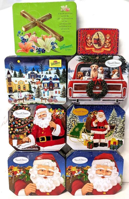 7 Metal Christmas Chocolate Tins + 1 Easter Tin : Russell Stover, Whitmans & Godiva, Up To 10" &times; 8.4" &times; 1.5"