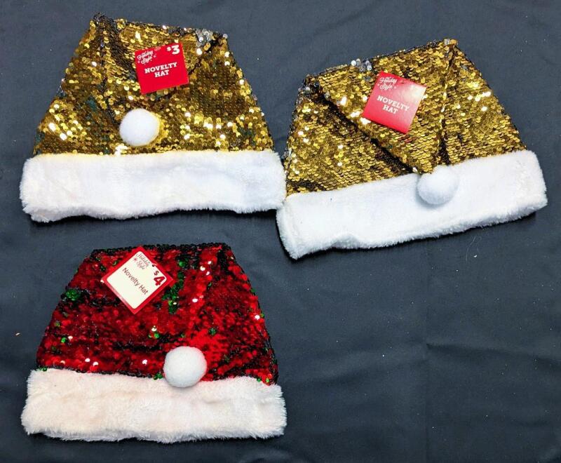 3 New O/S Adult Reversible Sequin Santa Hats