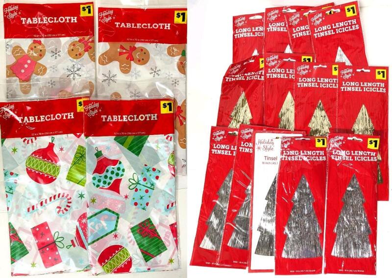 4 New 52" &times; 70" Christmas Tablecloths & 13 New Packs of 18" Tinsel (1000 Strands Per Pack)
