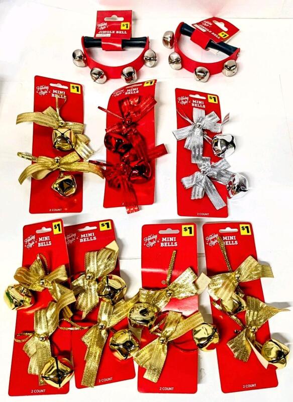 7 New Packs of 2 Decorative Mini-Bells 3" Long & 2 Hand-Held Jingle Bells