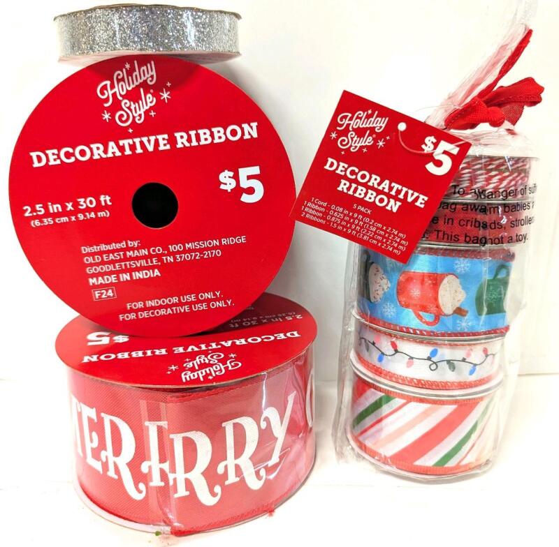 7 New Spools of Fabric Christmas Ribbon Up To 2.5" &times; 30ft
