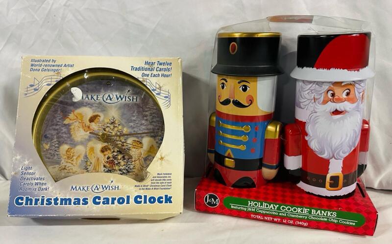 2 Christmas Home Decorations, Includes Make a Wish Christmas Carol Clock and 2 New Christmas Cookie Banks - See Description