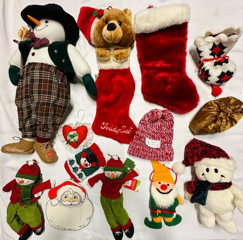 12 Vintage Christmas Decorations, Includes Stockings, Plushies, and 28&rdquo; Long Musical Snowman