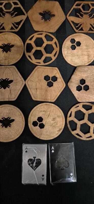 12 New Wooden Laser Cut Honey Bee Coasters & 2 Novelty Card Shape Bottle Openers