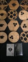 12 New Wooden Laser Cut Honey Bee Coasters & 2 Novelty Card Shape Bottle Openers