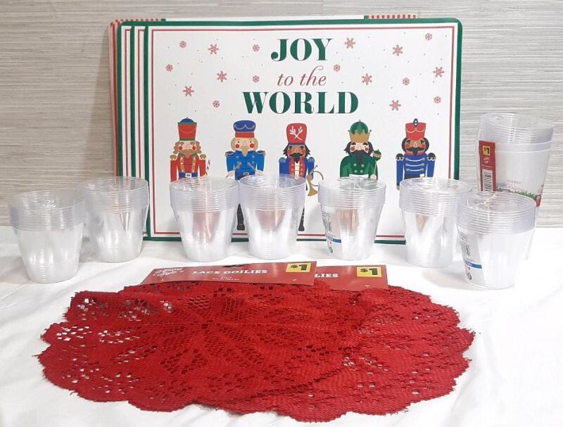 New Holiday Kitchen Decor Including Placemats, Cups & Lace Doilies