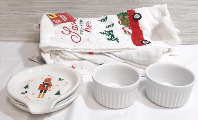 Lot of New Holiday Items, Including Kitchen Towels, Ramekins & Spoon Rests