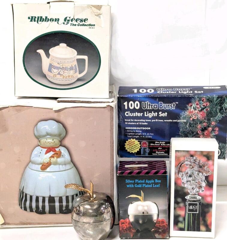 Vintage to Modern Home: 8" Fat Chef Cookie Jar, Vintage Ribbon Geese Tea Pot, Silver Plated Apple Box, Mikasa Lead Crystal Wine Stopper + 100 Ultra Burst 11ft Cluster Light Set (Red, Tested) - Small Crack in Chef (Pictured)
