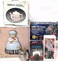 Vintage to Modern Home: 8" Fat Chef Cookie Jar, Vintage Ribbon Geese Tea Pot, Silver Plated Apple Box, Mikasa Lead Crystal Wine Stopper + 100 Ultra Burst 11ft Cluster Light Set (Red, Tested) - Small Crack in Chef (Pictured)