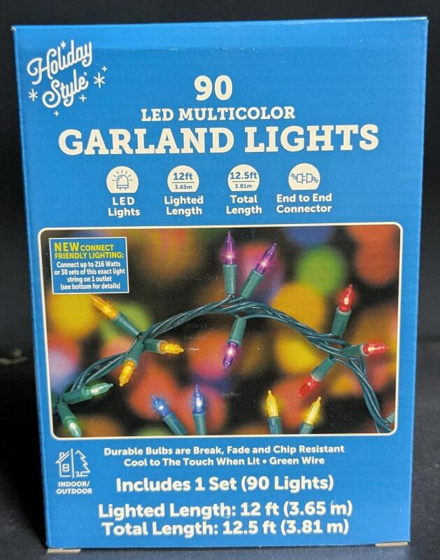 New 90 LED Multicolor Green Wire Garland Lights, Indoor Outdoor, 12.5ft Total Length