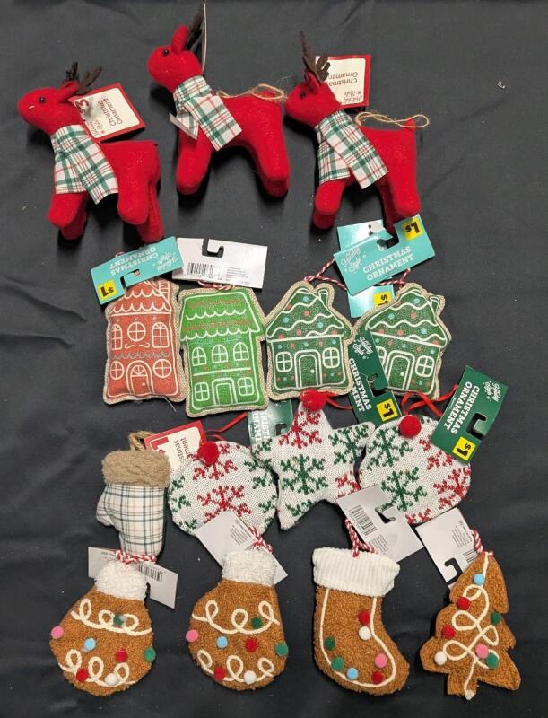 15 New Plush Fabric Christmas Ornaments, Up to 6" Long