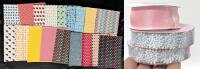 18 New 8" &times; 6" Felt-Back Patterned Vinyl Pieces: Fun Fruit & Glitter + 2 Rolls of Fabric Tape + Roll of Pink Glitter Ribbon