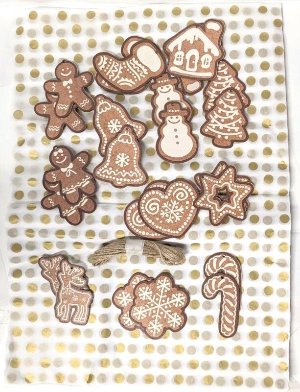 24 New Gingerbread-Themed Wood Gift Tags Up To 3" Long & 25+ Sheets of Gold-Dotted Tissue Paper 19" &times; 13.75"
