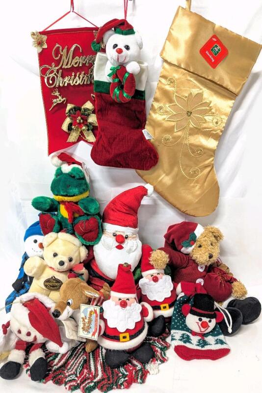 Vintage to Modern Christmas-Themed Plushies, Stockings & Banner, Up to 12.5" Tall